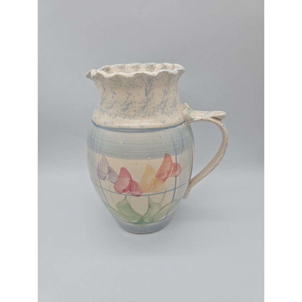 Cheri Studio Pottery Ruffled Edge Large Pitcher Hand Painted Tulips Signed